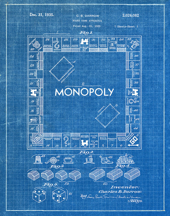 An image of a(n) Monopoly Game 1935 - Patent Art Print - Blueprint.