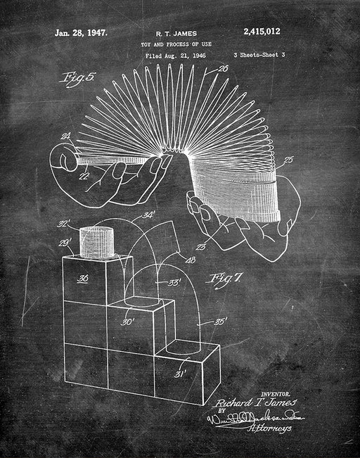 An image of a(n) Slinky 1947 - Patent Art Print - Chalkboard.