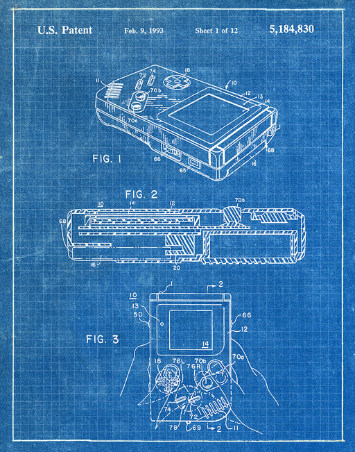 An image of a(n) Nintendo Gameboy 1993 - Patent Art Print - Blueprint.