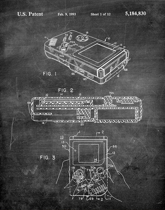 An image of a(n) Nintendo Gameboy 1993 - Patent Art Print - Chalkboard.