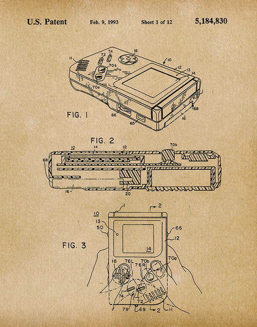 An image of a(n) Nintendo Gameboy 1993 - Patent Art Print - Parchment.