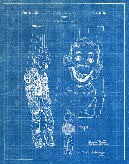 An image of a(n) Howdy Doody Puppet 1950 - Patent Art Print - Blueprint.