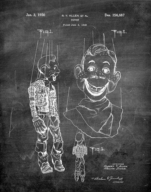 An image of a(n) Howdy Doody Puppet 1950 - Patent Art Print - Chalkboard.