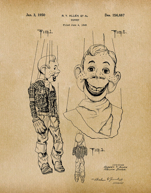 An image of a(n) Howdy Doody Puppet 1950 - Patent Art Print - Parchment.