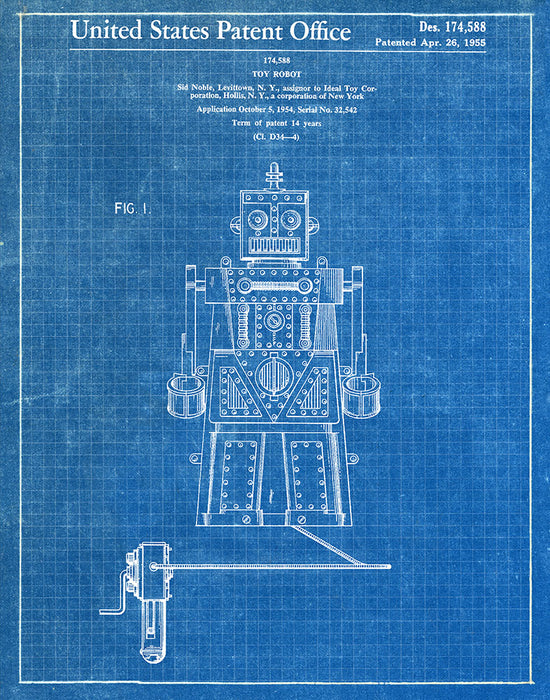 An image of a(n) Toy Robot 1955 - Patent Art Print - Blueprint.