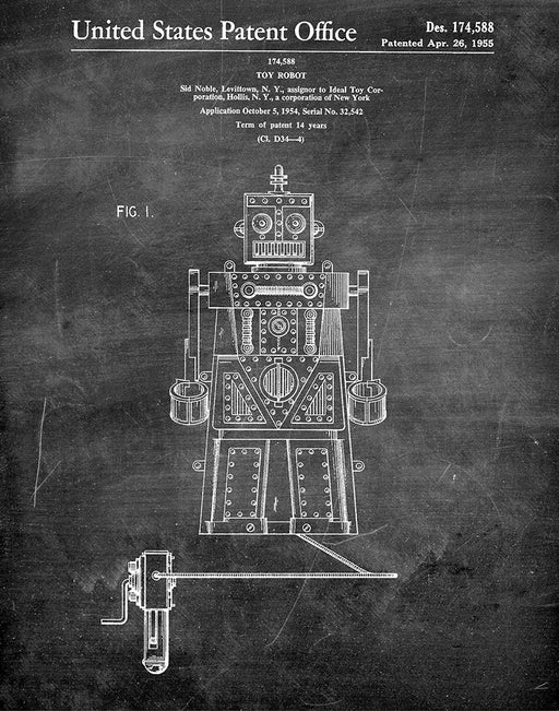 An image of a(n) Toy Robot 1955 - Patent Art Print - Chalkboard.