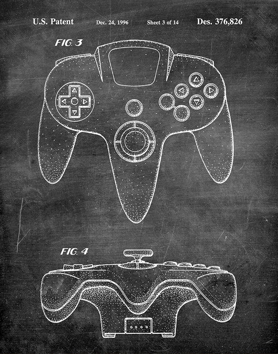 An image of a(n) Nintendo 64 Game Controller 1996 - Patent Art Print - Chalkboard.