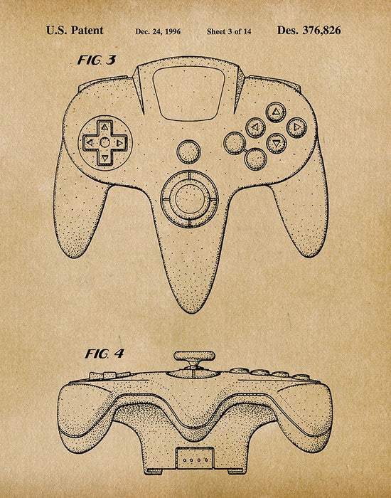 An image of a(n) Nintendo 64 Game Controller 1996 - Patent Art Print - Parchment.