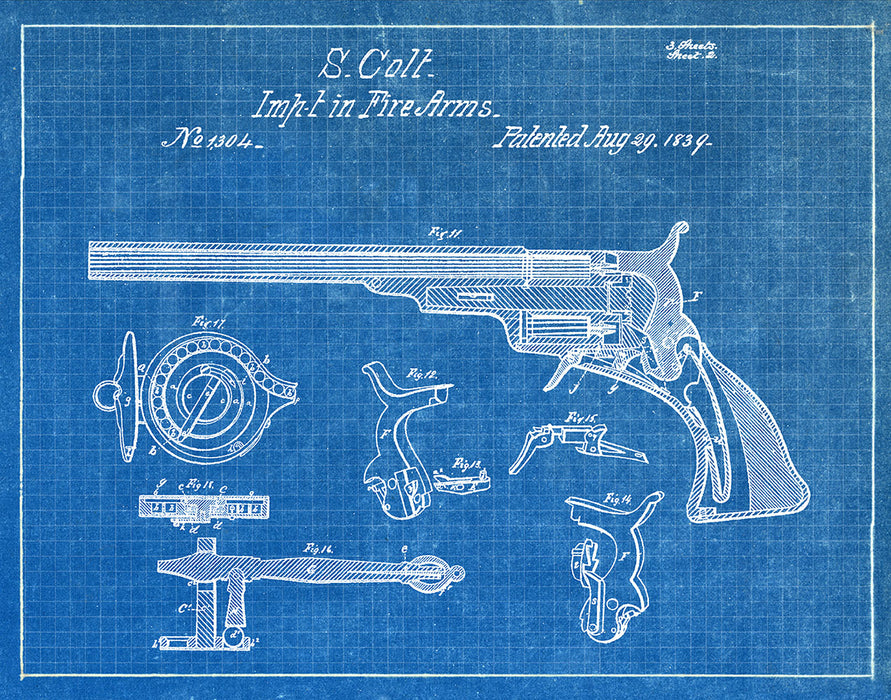 An image of a(n) Colt Revolver 1839 - Patent Art Print - Blueprint.