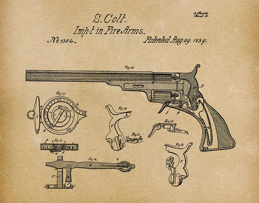 An image of a(n) Colt Revolver 1839 - Patent Art Print - Parchment.