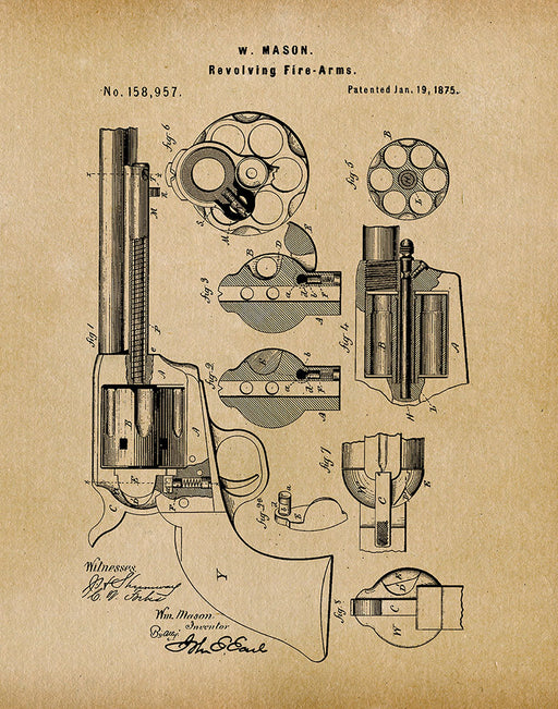 An image of a(n) W Mason Revolver 1875 - Patent Art Print - Parchment.