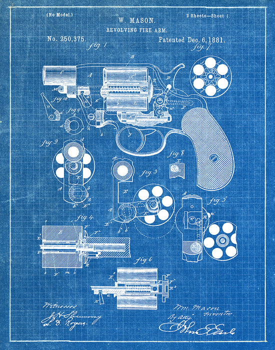 An image of a(n) W Mason Revolver 1881 - Patent Art Print - Blueprint.