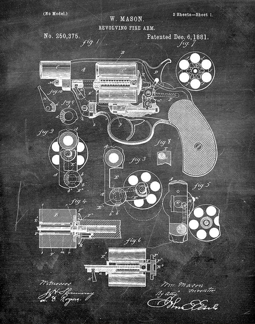 An image of a(n) W Mason Revolver 1881 - Patent Art Print - Chalkboard.