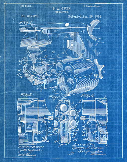 An image of a(n) Owen Revolver 1898 - Patent Art Print - Blueprint.