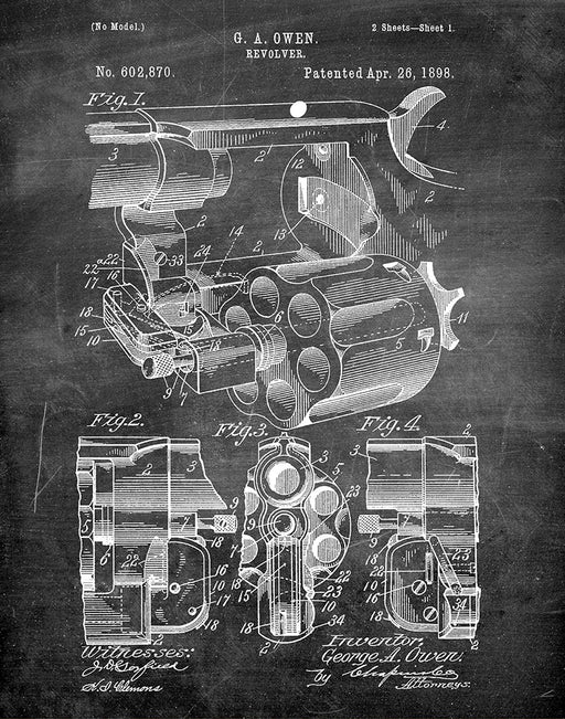 An image of a(n) Owen Revolver 1898 - Patent Art Print - Chalkboard.