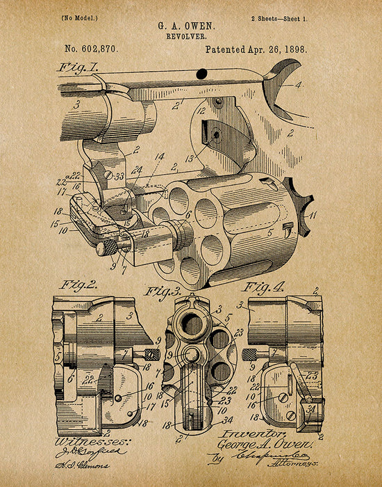 An image of a(n) Owen Revolver 1898 - Patent Art Print - Parchment.