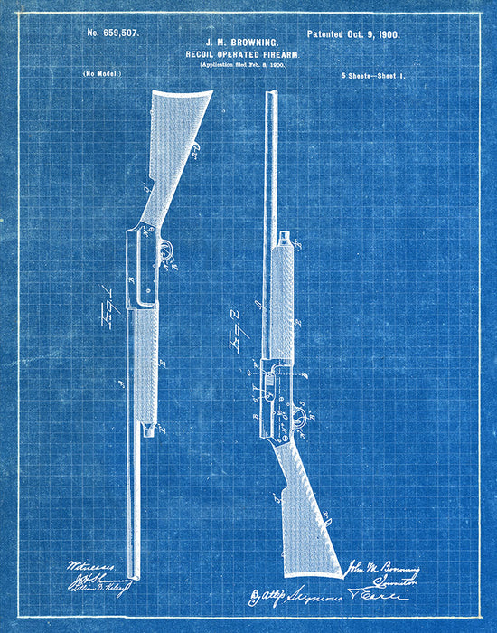 An image of a(n) Browning Shotgun 1900 - Patent Art Print - Blueprint.