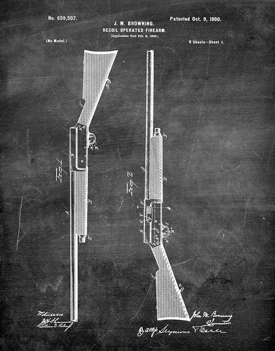 An image of a(n) Browning Shotgun 1900 - Patent Art Print - Chalkboard.