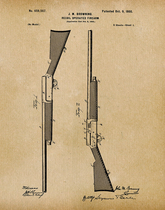 An image of a(n) Browning Shotgun 1900 - Patent Art Print - Parchment.