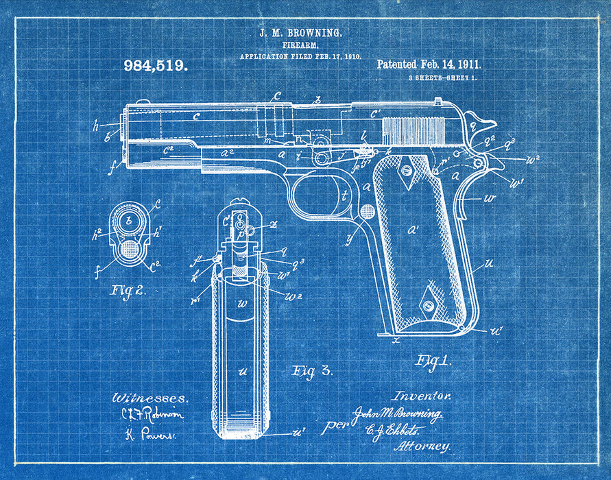 An image of a(n) Browning Firearm 1911 - Patent Art Print - Blueprint.