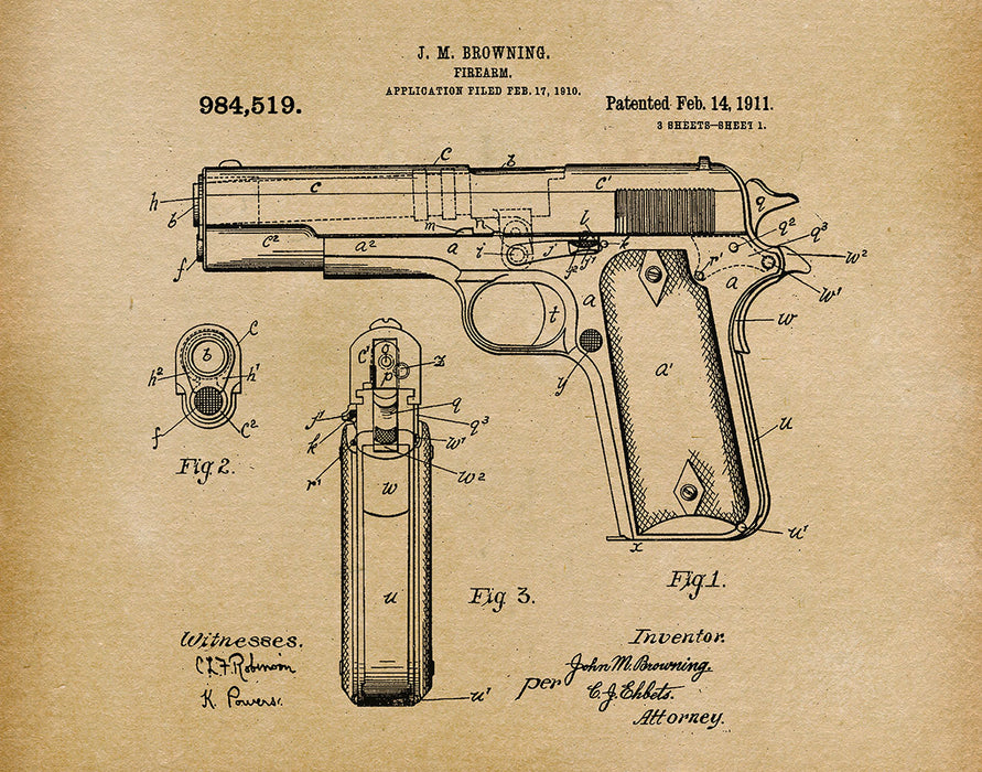 Browning Firearm 1911 - Patent Art Print - Parchment — Prints CT
