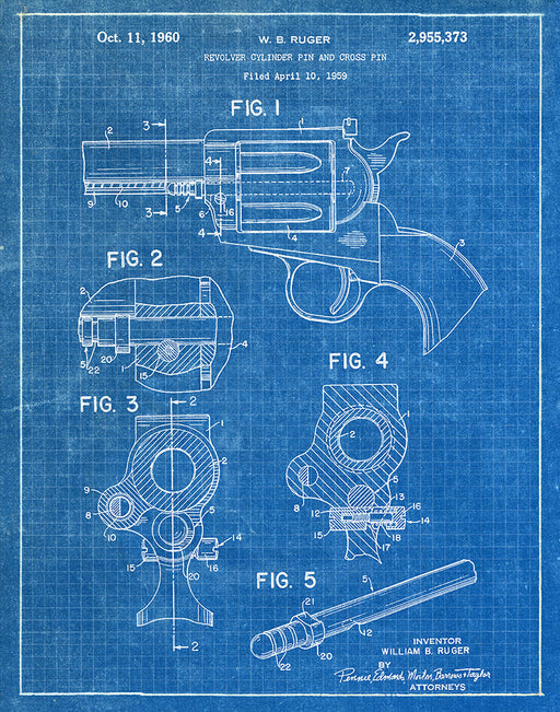 An image of a(n) Revolver Pin 1959 - Patent Art Print - Blueprint.