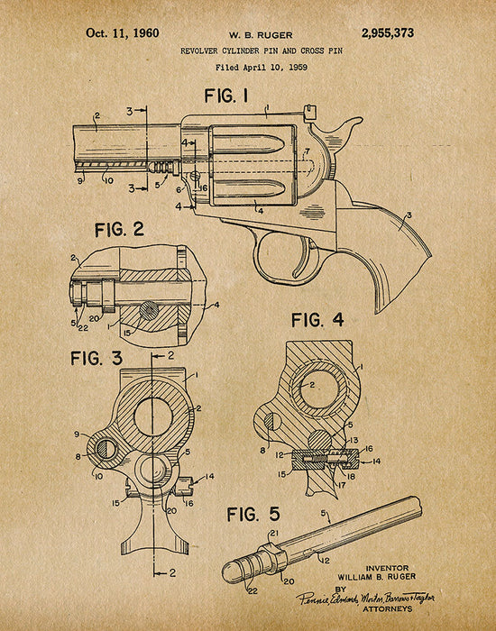 An image of a(n) Revolver Pin 1959 - Patent Art Print - Parchment.