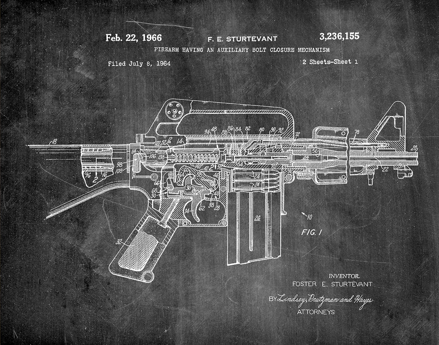 An image of a(n) Sturtevant Firearm 1966 - Patent Art Print - Chalkboard.