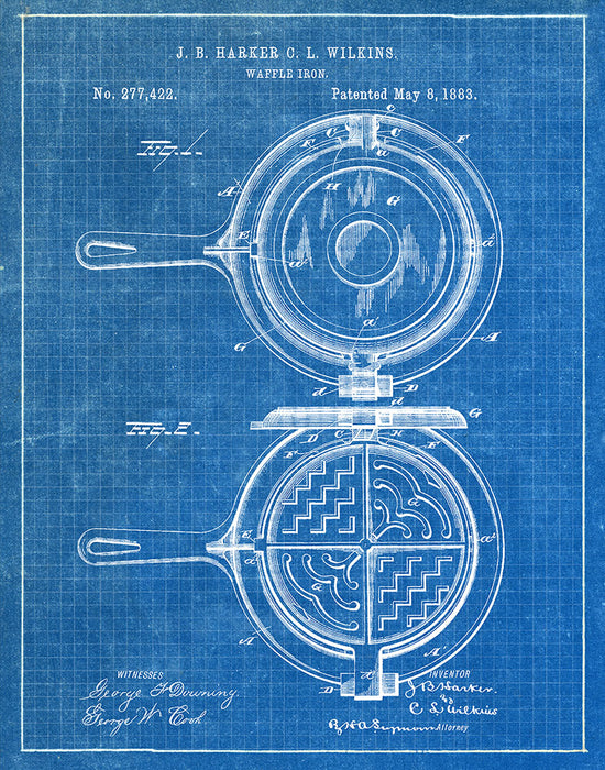 An image of a(n) Waffle Iron 1883 - Patent Art Print - Blueprint.