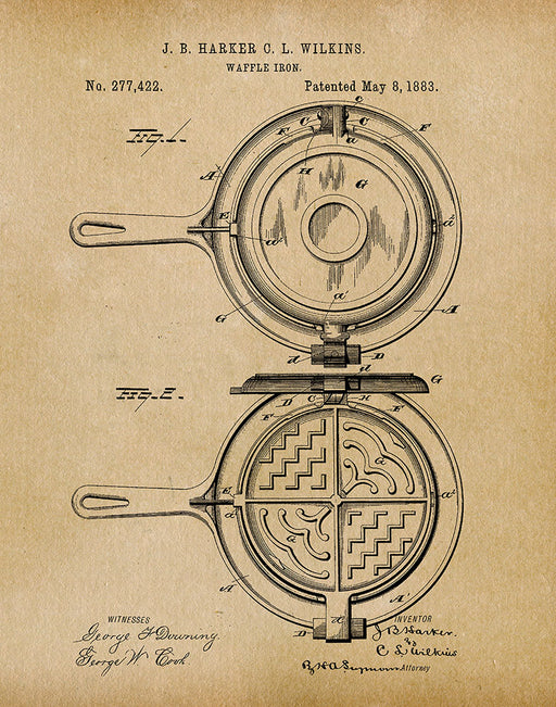 An image of a(n) Waffle Iron 1883 - Patent Art Print - Parchment.