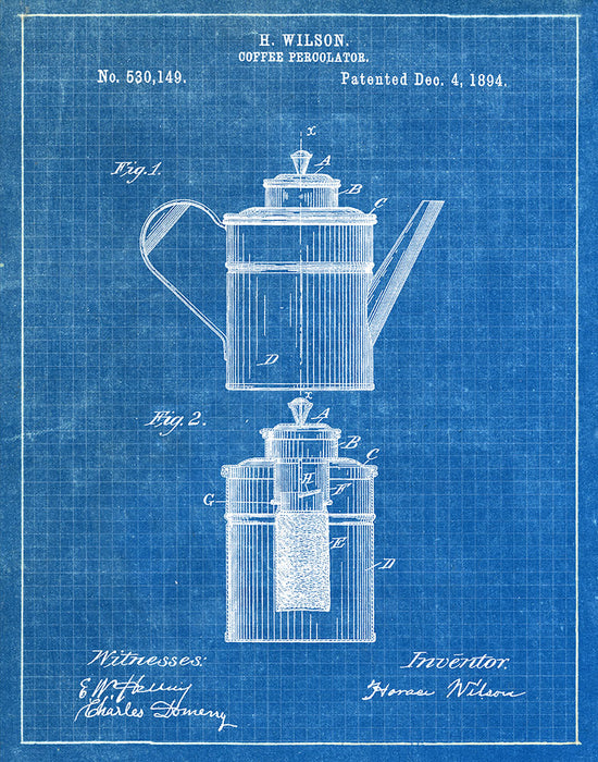 An image of a(n) Coffee Percolator 1894 - Patent Art Print - Blueprint.