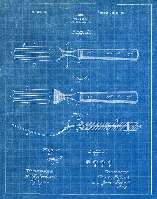 An image of a(n) Fork 1901 - Patent Art Print - Blueprint.