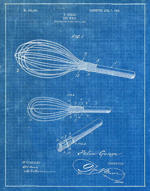 An image of a(n) Egg Whip 1908 - Patent Art Print - Blueprint.