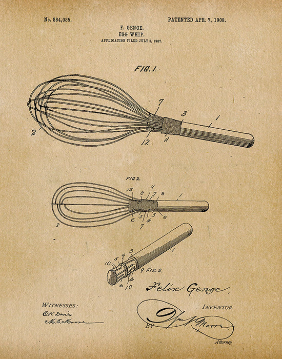 An image of a(n) Egg Whip 1908 - Patent Art Print - Parchment.