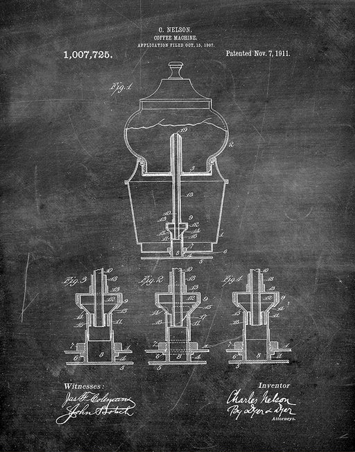 An image of a(n) Coffee Machine 1911 - Patent Art Print - Chalkboard.