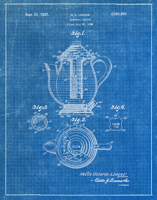 An image of a(n) Electric Teapot 1937 - Patent Art Print - Blueprint.