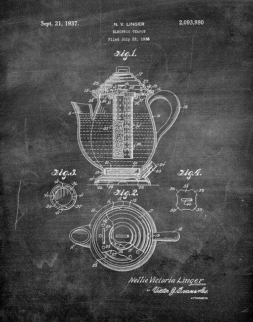 An image of a(n) Electric Teapot 1937 - Patent Art Print - Chalkboard.