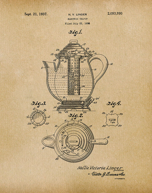 An image of a(n) Electric Teapot 1937 - Patent Art Print - Parchment.
