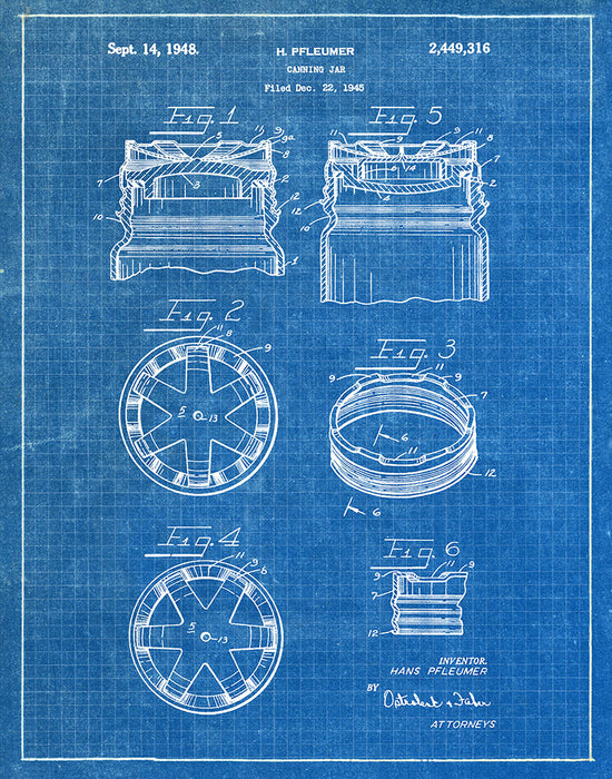 An image of a(n) Mason Jar 1945 - Patent Art Print - Blueprint.
