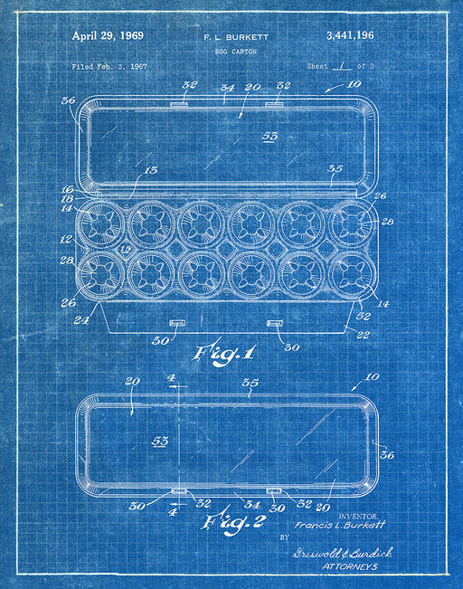 An image of a(n) Egg Carton 1969 - Patent Art Print - Blueprint.