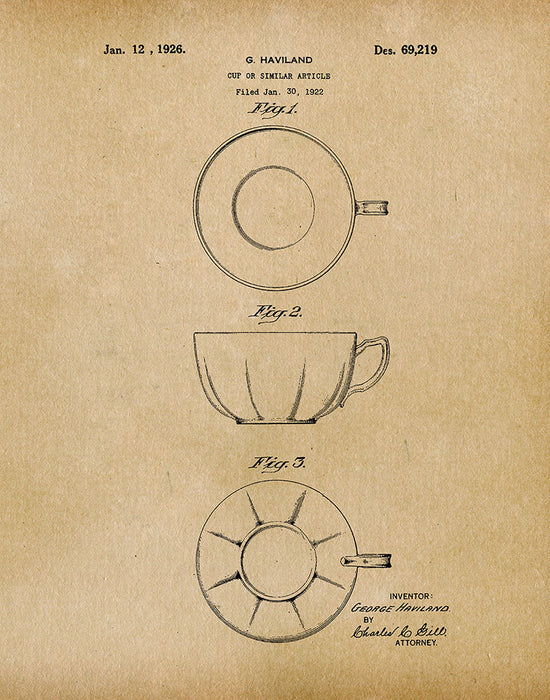 An image of a(n) Tea Cup 1926 - Patent Art Print - Parchment.