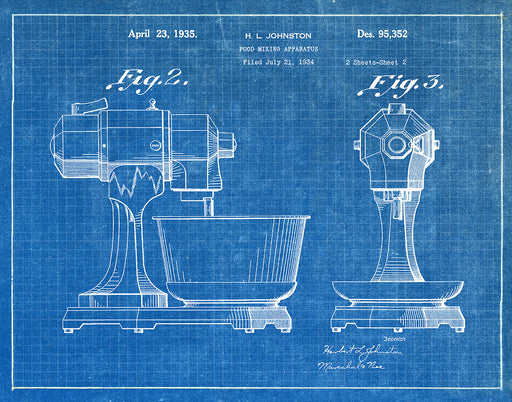 An image of a(n) Food Mixer 1935 - Patent Art Print - Blueprint.