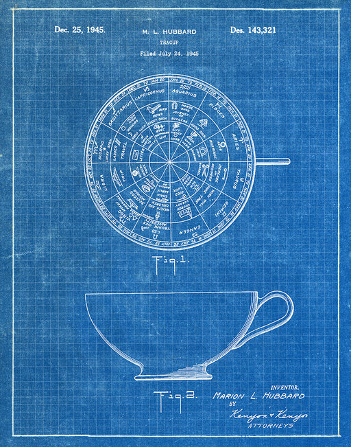 An image of a(n) Horoscope Tea Cup 1945 - Patent Art Print - Blueprint.