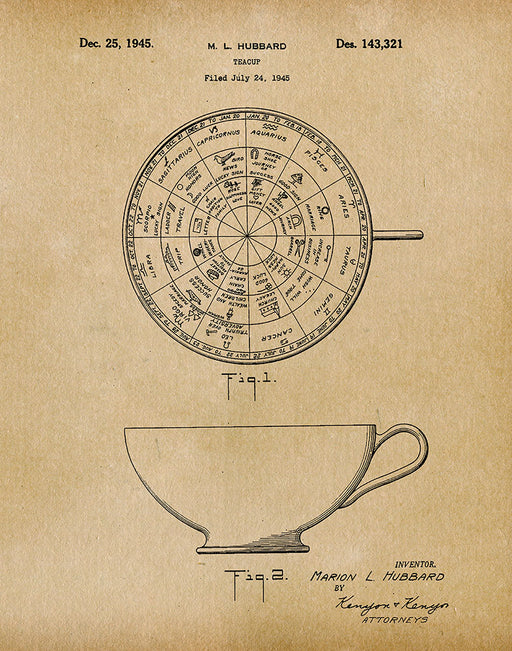 An image of a(n) Horoscope Tea Cup 1945 - Patent Art Print - Parchment.