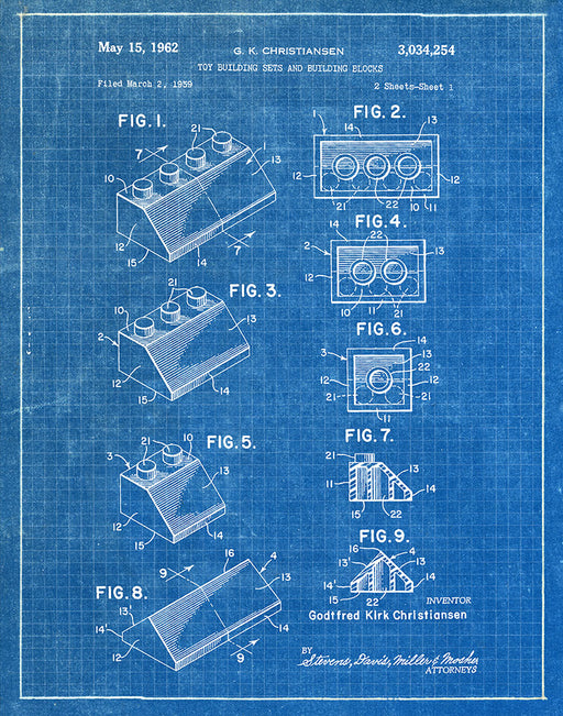 An image of a(n) Lego 1962 - Patent Art Print - Blueprint.