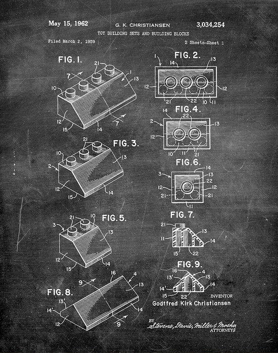 An image of a(n) Lego 1962 - Patent Art Print - Chalkboard.