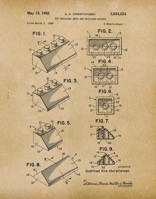 An image of a(n) Lego 1962 - Patent Art Print - Parchment.