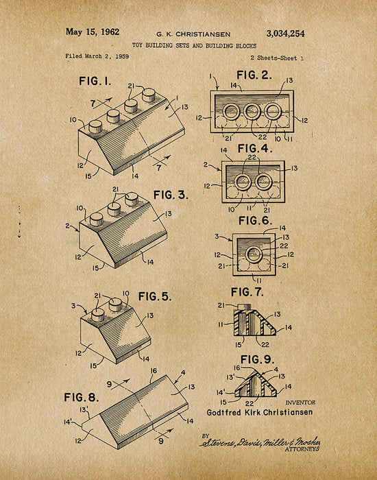 An image of a(n) Lego 1962 - Patent Art Print - Parchment.