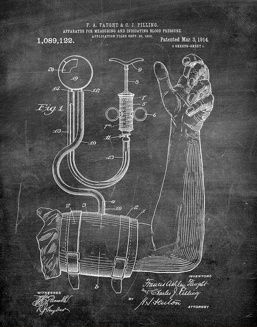 An image of a(n) Blood Pressure Cuff 1914 - Patent Art Print - Chalkboard.