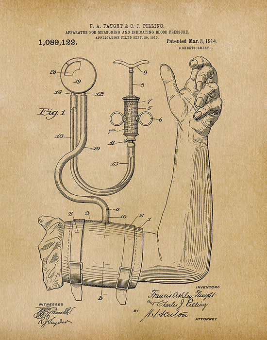 An image of a(n) Blood Pressure Cuff 1914 - Patent Art Print - Parchment.